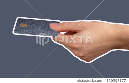 Payment card held confidently showing chip details, highlighting fast transactions, cashback offers, 130598177