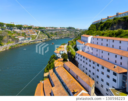 Porto landscape with orange rooftops, traditional buildings on hillside, scenic coastal town view 130598223