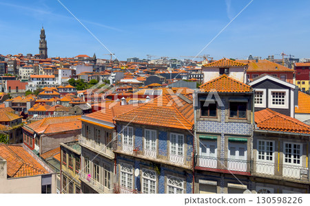 Porto panoramic cityscape with Clerigos bell tower, traditional houses, red tiled roofs, baroque 130598226