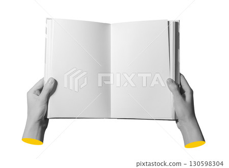 Hands holding an open blank book with empty white pages, isolated on white background, concept of 130598304