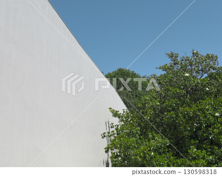 Modern architectural wall with sharp geometric angle against bright blue sky, contrasted by lush 130598318