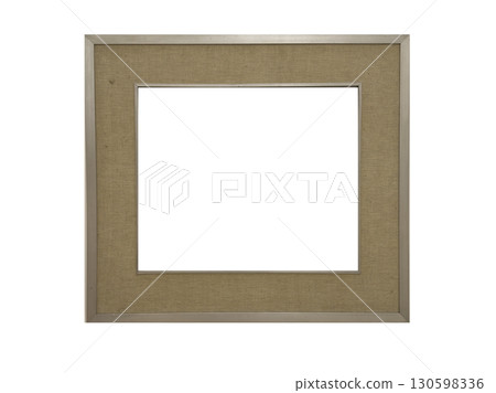 Rustic horizontal picture frame mockup with woven beige mat board and metallic border. Decorative 130598336