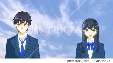 一幅動漫風格的插圖，描繪了一對高中或初中男孩和女孩在廣闊的藍天下 130598373