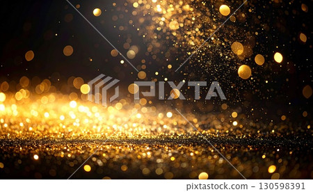 奢華的聖誕或派對形象:黑色背景上舞動的金色光芒和閃閃發光的閃光效果 奢華的聖誕或派對形象:黑色背景上舞動的金色光芒和閃閃發光的閃光效果 130598391