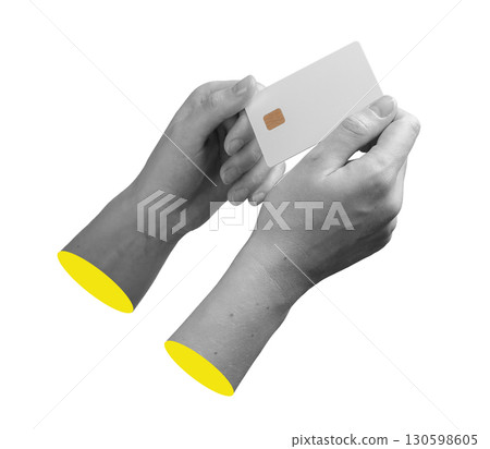 Isolated human hand and bank card with golden chip, finance and technology concept.. 130598605