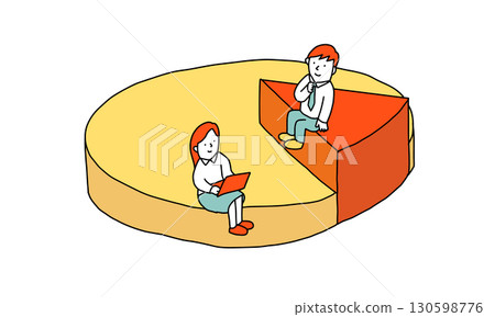 圖示為兩個人坐在圓餅圖上，思考各自的百分比 130598776