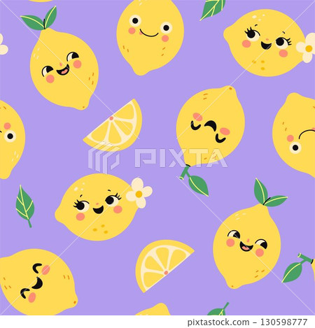 Funny lemons on a purple background seamless pattern. Vector graphics Funny lemons on a purple background seamless pattern. Vector graphics 130598777