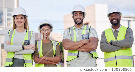 Architecture, construction team and diversity in portrait, contractor group smile with work at building site. Architect, engineer and people with arms crossed, solidarity and trust in collaboration Architecture, construction team and diversity in portrait, contractor group smile with work at building site. Architect, engineer and people with arms crossed, solidarity and trust in collaboration 130598805