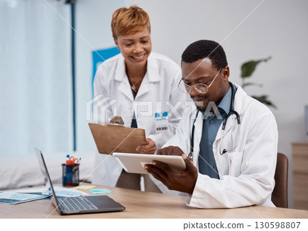 Teamwork, tablet and doctors in research training, hospital data and healthcare app management. Telehealth, digital technology and analysis of medical professional or black people working in office Teamwork, tablet and doctors in research training, hospital data and healthcare app management. Telehealth, digital technology and analysis of medical professional or black people working in office 130598807