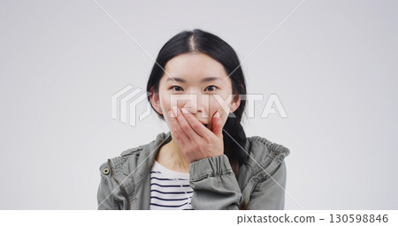 Portrait, surprise and woman in studio, wow and announcement on white background. Asian person, face and shocked with good news, winner or giveaway with information, bonus or excited with opportunity 130598846