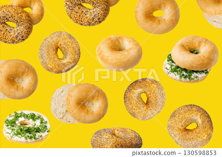 Bagel Pattern on Yellow Background, Round Bread Bun Minimal Wallpaper with Copy Space Bagel Pattern on Yellow Background, Round Bread Bun Minimal Wallpaper with Copy Space 130598853