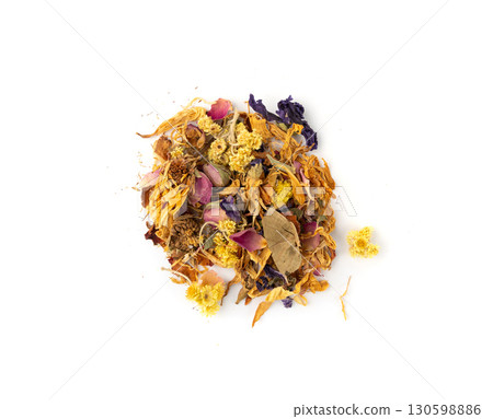Dried edible flowers mix, Helichrysum arenarium, dwarf everlast, medical herb tea pile isolated Dried edible flowers mix, Helichrysum arenarium, dwarf everlast, medical herb tea pile isolated 130598886