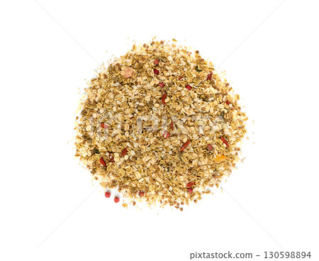 Muesli isolated. Crunchy granola with cereal mix, oat flakes, dry fruits, berries and fiber 130598894