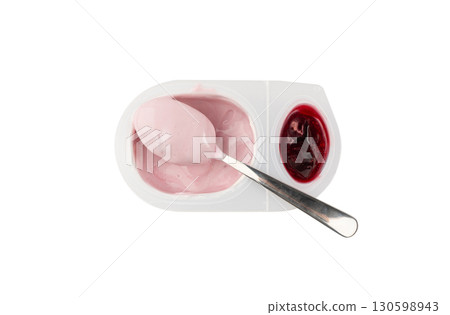 Yogurt cup isolated, white yoghurt with cherry jam in plastic pot, milk pudding container 130598943