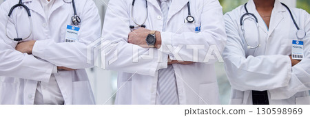 Doctors, arms crossed or diversity group in hospital for trust, healthcare wellness or life insurance support. Men, black woman or confident medical workers in community leadership of global clinic 130598969