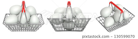 Wire baskets filled with eggs, isolated on white transparent background, concept of kitchen storage Wire baskets filled with eggs, isolated on white transparent background, concept of kitchen storage 130599070