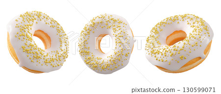 Donuts with white chocolate glaze, sprinkles, white drizzle, and dots isolated on white transparent background 130599071
