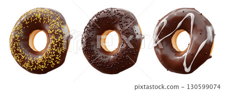 Donuts with chocolate glaze, sprinkles, white drizzle, and dots isolated on white transparent background 130599074