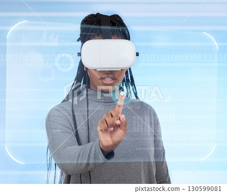 Vr, augmented reality and digital with black woman and 3d for future, cyber and metaverse. Media, ui and technology with girl and headset for ux interface, innovation and data analytics graphics 130599081