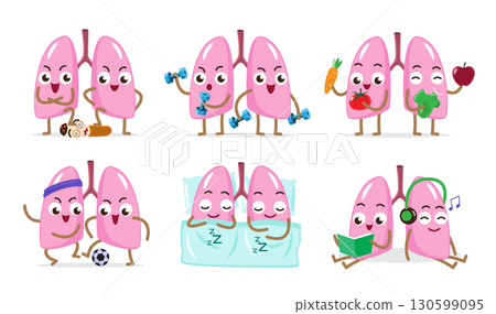 Set of healthy and strong lung cartoon illustration . Isolated white background . Vector . 130599095