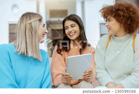 Student, happy friends and tablet laughing for social media, funny meme or streaming entertainment at campus. Women enjoying 5G connectivity with laugh for fun joke or comedy on touchscreen together Student, happy friends and tablet laughing for social media, funny meme or streaming entertainment at campus. Women enjoying 5G connectivity with laugh for fun joke or comedy on touchscreen together 130599108