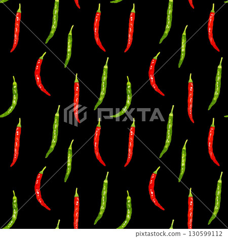 Seamless pattern of green chili peppers and red chili peppers. Hand-drawn watercolor illustration background material of vegetables and condiments. 130599112