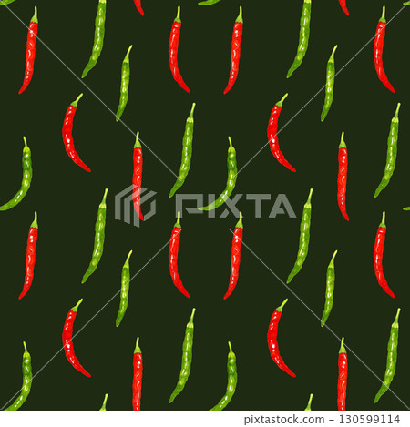 Seamless pattern of green chili peppers and red chili peppers. Hand-drawn watercolor illustration background material of vegetables and condiments. Seamless pattern of green chili peppers and red chili peppers. Hand-drawn watercolor illustration background material of vegetables and condiments. 130599114