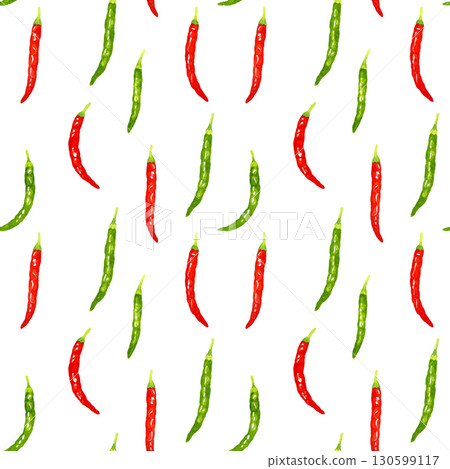 Seamless pattern of green chili peppers and red chili peppers. Hand-drawn watercolor illustration background material of vegetables and condiments. Seamless pattern of green chili peppers and red chili peppers. Hand-drawn watercolor illustration background material of vegetables and condiments. 130599117