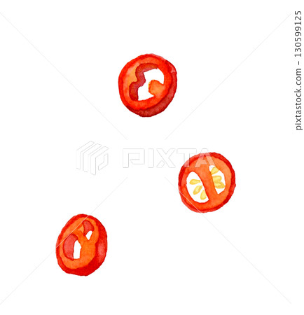 Cut red chili peppers - hand-drawn watercolor illustration of vegetables and condiments Cut red chili peppers - hand-drawn watercolor illustration of vegetables and condiments 130599125