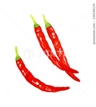 一組紅辣椒-蔬菜和調味品的手繪水彩插圖 一組紅辣椒-蔬菜和調味品的手繪水彩插圖 130599134
