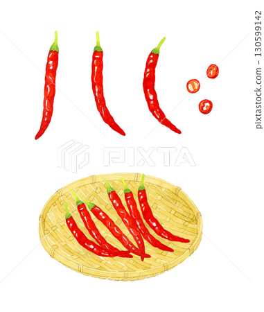 竹濾鍋上的一組紅辣椒。手繪水彩畫，描繪蔬菜和調味品。 130599142