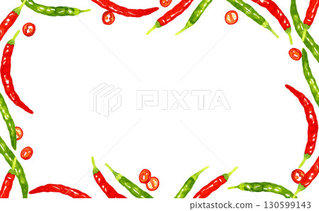 Green chili pepper and red chili pepper frame. Hand-drawn watercolor illustration background material of vegetables and condiments. 130599143