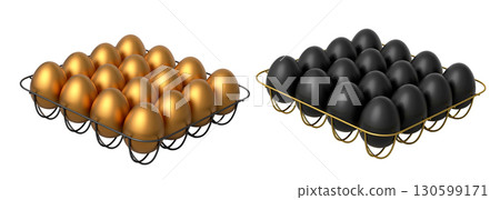 Metal trays filled with neatly stacked gold and black eggs, isolated on white transparent background. 130599171