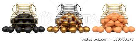 Wire baskets filled with eggs, isolated on white transparent background, concept of kitchen storage 130599173