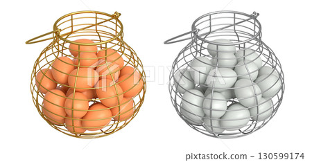 Wire baskets filled with eggs, isolated on white transparent background, concept of kitchen storage 130599174