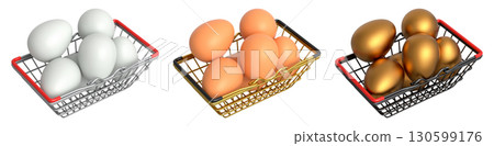 Wire baskets filled with eggs, isolated on white transparent background, concept of kitchen storage 130599176