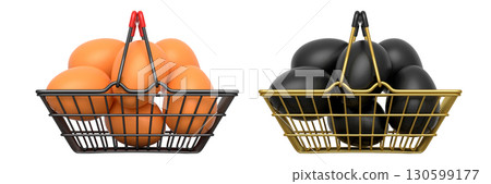 Wire baskets filled with eggs, isolated on white transparent background, concept of kitchen storage 130599177