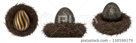 Elegant black eggs with gold patterns in bird nests, isolated on white transparent background. 130599179