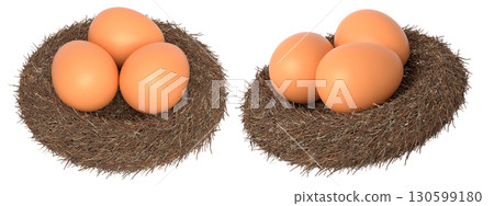 Brown eggs in bird nests isolated on white transparent background. 130599180