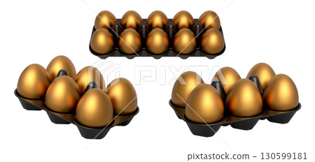 Plastic trays filled with neatly stacked gold eggs, isolated on white transparent background. 130599181