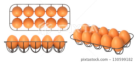 Metal trays filled with neatly stacked brown eggs, isolated on white transparent background. 130599182