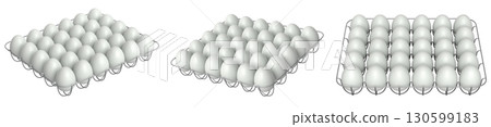 Metal trays filled with neatly stacked white eggs, isolated on white transparent background. 130599183