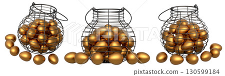 Wire baskets filled with eggs, isolated on white transparent background, concept of kitchen storage Wire baskets filled with eggs, isolated on white transparent background, concept of kitchen storage 130599184