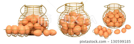 Wire baskets filled with eggs, isolated on white transparent background, concept of kitchen storage 130599185