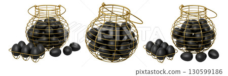 Wire baskets filled with eggs, isolated on white transparent background, concept of kitchen storage 130599186