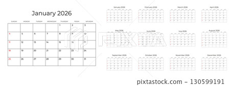 Minimalist calendar for each month of 2026 for printing. The week starts on Sunday. Minimalist wall calendar. Simple and clear design. Ready to print. Vector illustration 130599191