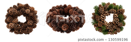 Autumn pinecone and greenery wreath, created AI, PNG 130599196