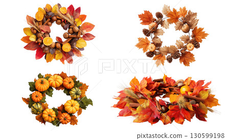 Colorful wreaths with leaves, pumpkins, and nuts, created AI, PNG 130599198