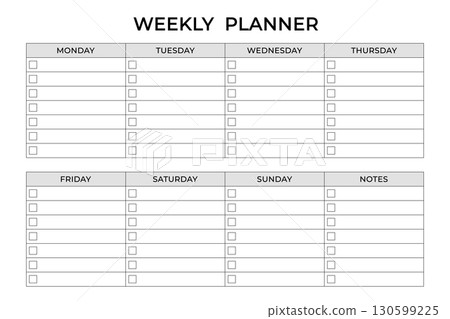 Weekly Planner template in minimal style for organizing tasks. Clean and minimalist weekly planner template. Easy to customize and print. Perfect for personal time management and productivity planning 130599225