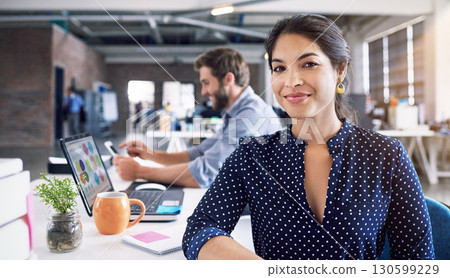 Teamwork, business and portrait of woman at desk with laptop at creative agency, working on web project together. Leadership, coworking and happy employees at design startup with smile and technology Teamwork, business and portrait of woman at desk with laptop at creative agency, working on web project together. Leadership, coworking and happy employees at design startup with smile and technology 130599229